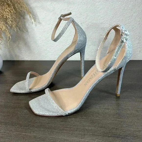 STUART WEITZMAN Nudistcurve Ankle Strap Sandal SILVER CRYSTAL Size 11.5 - Picture 2 of 10
